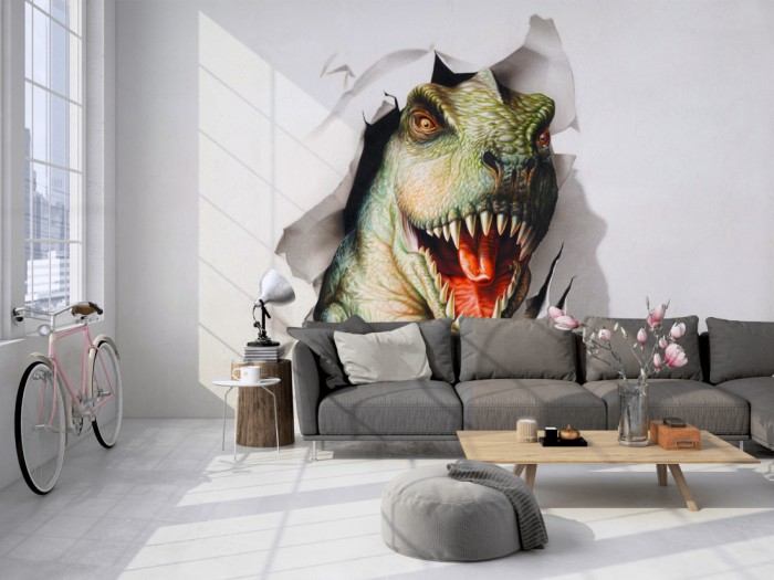 Die Fototapete T-Rex, Dinosaurier auf einer großen Wand im Loft tapeziert. Die Fototapete T-Rex, Dinosaurier wird individuell auf Deine Wand angepasst.