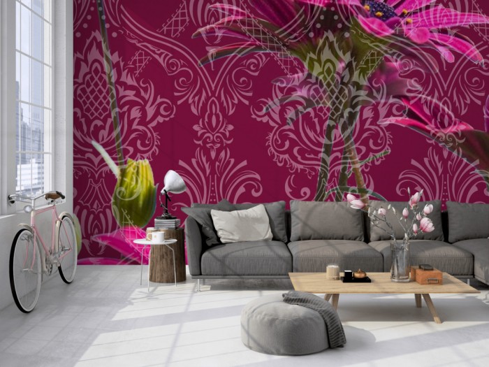 Die Design-Fototapete Barock Ornament mit Blüten auf einer großen Wand im Loft tapeziert. Die Design-Fototapete Barock Ornament mit Blüten wird individuell auf Deine Wand angepasst.