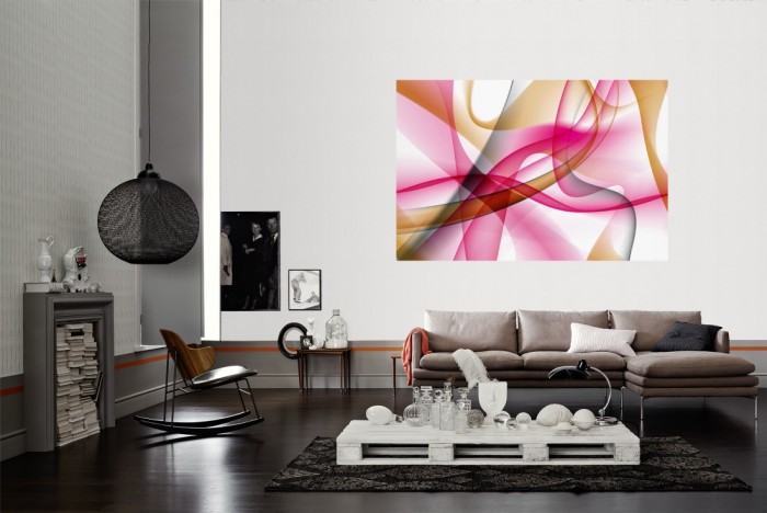 Die Design-Fototapete 3D-Geometrie Abstrakt in Pink als Wandbild im Wohnzimmer. Die Vlies-Design-Fototapete 3D-Geometrie Abstrakt in Pink verschönert als Wandbild Deine Wand.