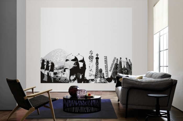 Die Design-Fototapete Barcelona Spanien, Artwork als große Bildtapete im Wohnzimmer. Als Bildtapete ist die Design-Fototapete Barcelona Spanien, Artwork ein besonderes Highlight auf Vliestapete.