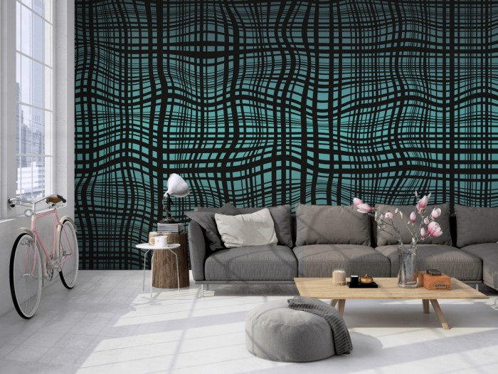 Die Design-Fototapete Geometrie Linien Karo auf einer großen Wand im Loft tapeziert. Die Design-Fototapete Geometrie Linien Karo wird individuell auf Deine Wand angepasst.