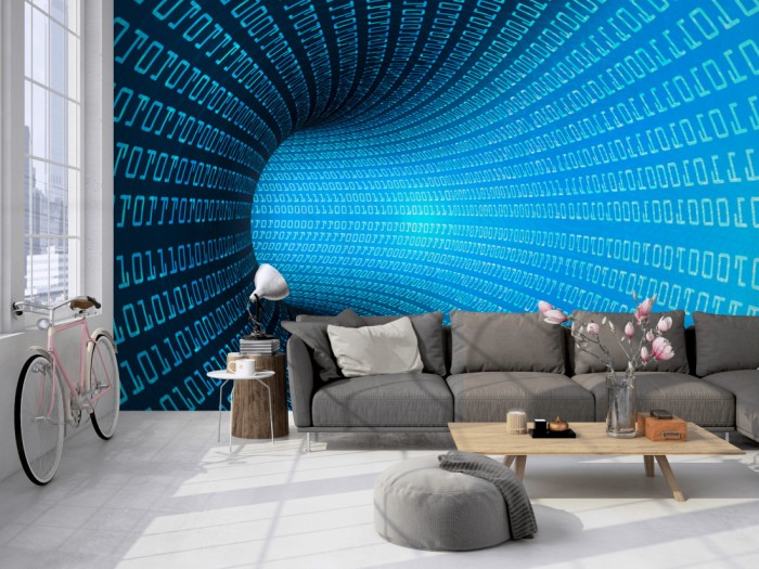 Die Design-Fototapete Digital Tunnel auf einer großen Wand im Loft tapeziert. Die Design-Fototapete Digital Tunnel wird individuell auf Deine Wand angepasst.