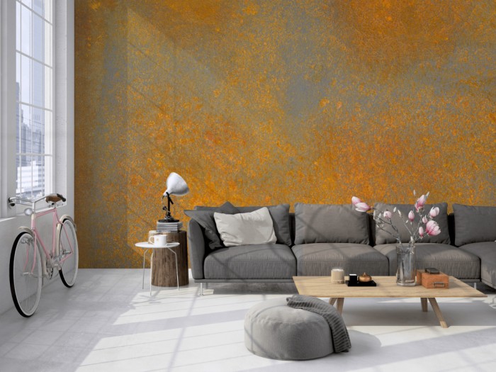 Die Fototapete Rost Wand, oxidiertes Metall auf einer großen Wand im Loft tapeziert. Die Fototapete Rost Wand, oxidiertes Metall wird individuell auf Deine Wand angepasst.