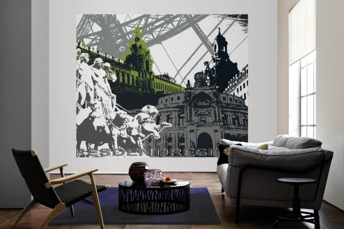 Die Design-Fototapete Dresden Deutschland, Artwork als große Bildtapete im Wohnzimmer. Als Bildtapete ist die Design-Fototapete Dresden Deutschland, Artwork ein besonderes Highlight auf Vliestapete.