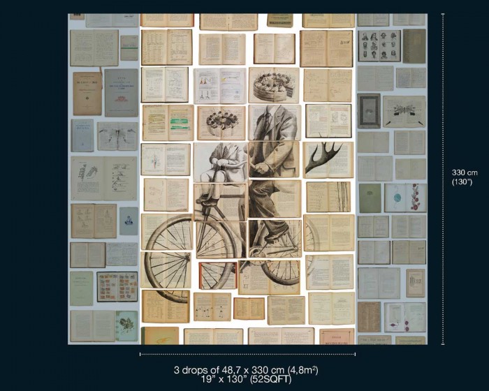 Abmessungen der NLXL Tapete EKA-03 Biblioteca von Ekaterina Panikanova, rechts und links ergänzt durch die passende Tapete EKA-07.