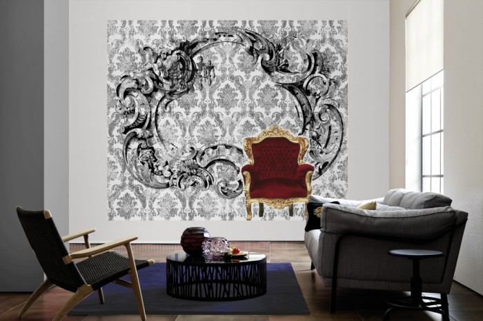 Die Design-Fototapete Barock Sessel, Artwork als große Bildtapete im Wohnzimmer. Als Bildtapete ist die Design-Fototapete Barock Sessel, Artwork ein besonderes Highlight auf Vliestapete.