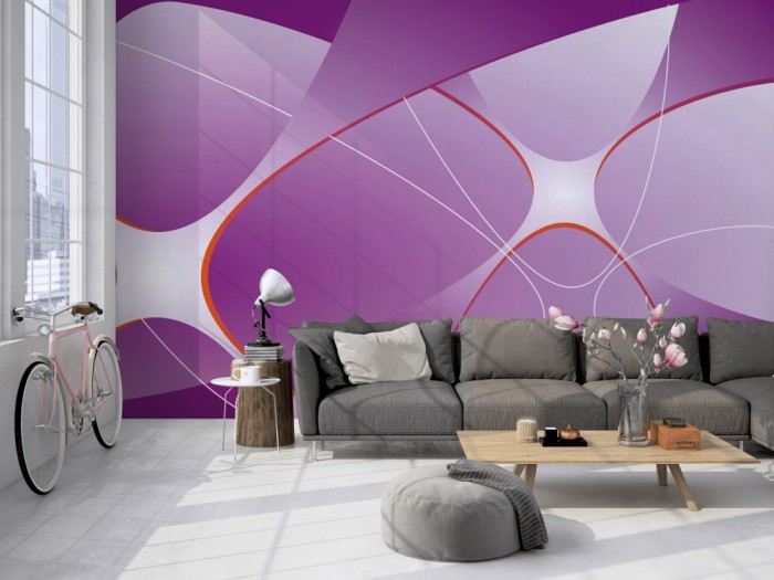 Die Design-Fototapete 3D-Geometrie plastische Formen Violett auf einer großen Wand im Loft tapeziert. Die Design-Fototapete 3D-Geometrie plastische Formen Violett wird individuell auf Deine Wand angepasst.