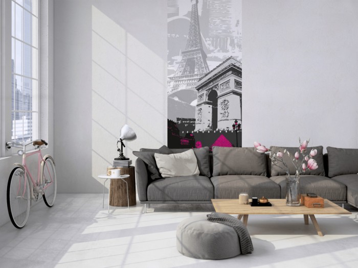 Das 3D-Design-Fotopanel Paris Frankreich, Artwork tapeziert in einem Loft. Bestelle die Bildtapete für Deine Wand online.