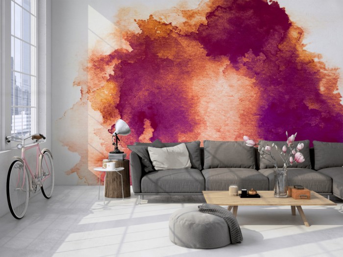 Die Design-Fototapete Verlauf der Wasserfarbe in Rot auf einer großen Wand im Loft tapeziert. Die Design-Fototapete Verlauf der Wasserfarbe in Rot wird individuell auf Deine Wand angepasst.