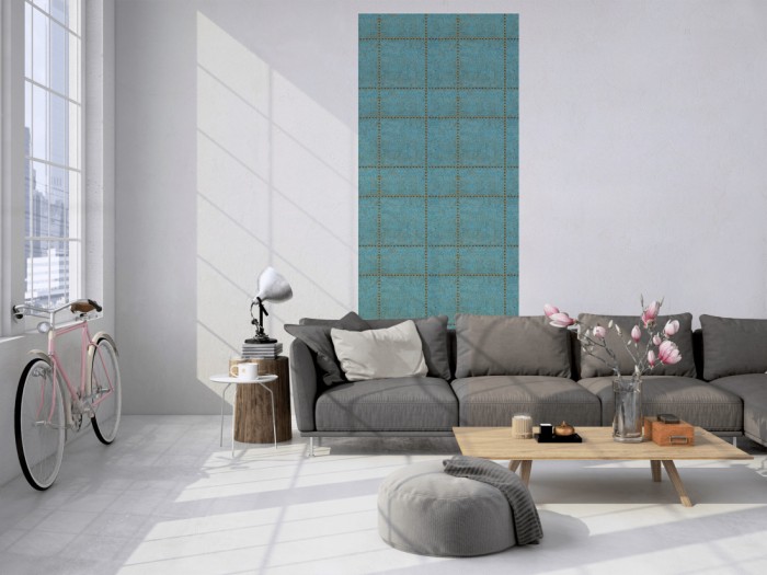 Das Design-Fotopanel Vintage Struktur Türkis tapeziert in einem Loft. Bestelle die Bildtapete für Deine Wand online.