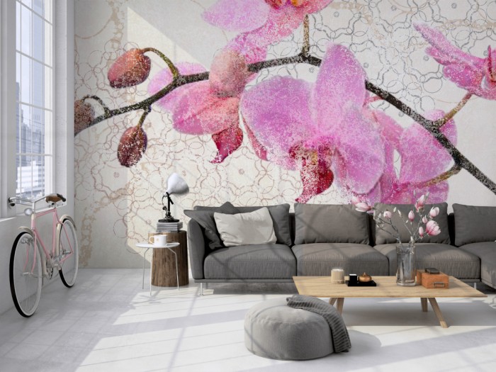 Die Design-Fototapete Orchidee, Artwork auf einer großen Wand im Loft tapeziert. Die Design-Fototapete Orchidee, Artwork wird individuell auf Deine Wand angepasst.