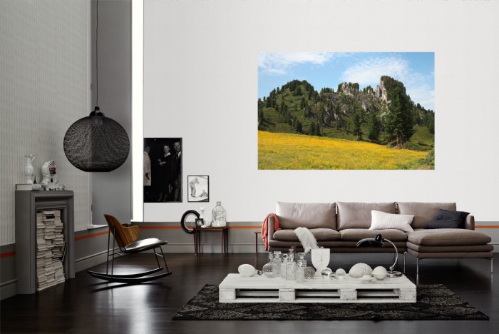 Die Fototapete Alpen Österreich, Grüner Berg als Wandbild im Wohnzimmer. Die Vlies-Fototapete Alpen Österreich, Grüner Berg verschönert als Wandbild Deine Wand.