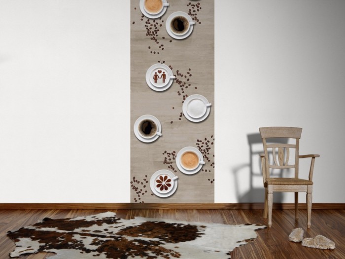 Ein Foto von dem 3D-Fotopanel Kaffee Tassen und Bohnen tapeziert an der Wand. Bestelle Deine Bildtapete online.