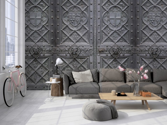 Die Fototapete Metall Wand, Eisenwand Royal auf einer großen Wand im Loft tapeziert. Die Fototapete Metall Wand, Eisenwand Royal wird individuell auf Deine Wand angepasst.