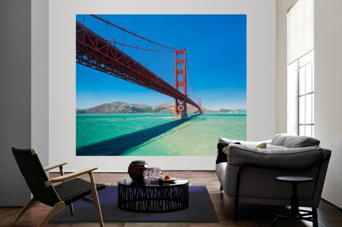 Die Fototapete Golden Gate Bridge, San Francisco als große Bildtapete im Wohnzimmer. Als Bildtapete ist die Fototapete Golden Gate Bridge, San Francisco ein besonderes Highlight auf Vliestapete.