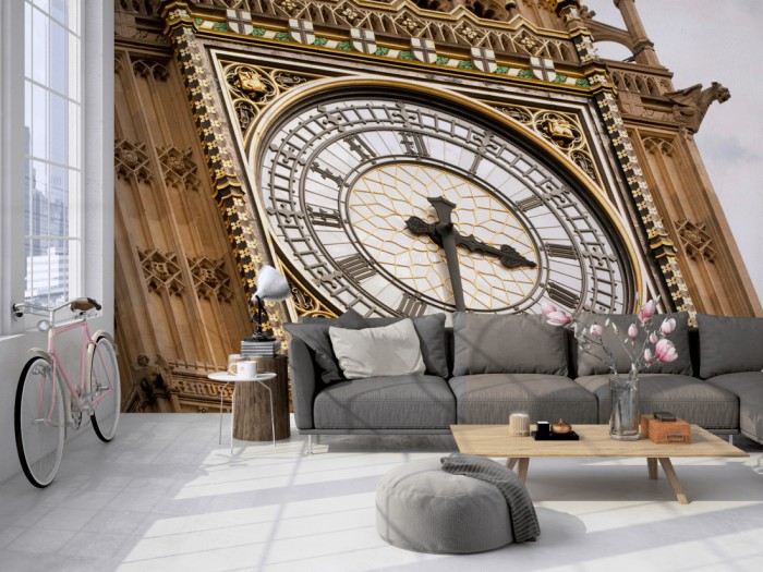 Die Fototapete Big Ben, England London auf einer großen Wand im Loft tapeziert. Die Fototapete Big Ben, England London wird individuell auf Deine Wand angepasst.