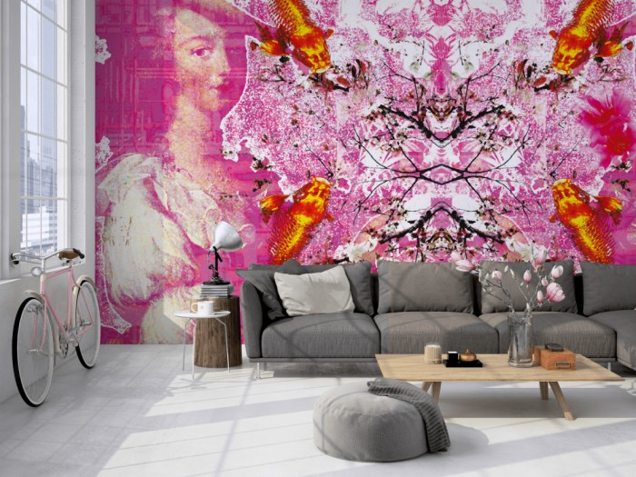 Die Designer-Fototapete Barock Lady, Artwork by Mylumi auf einer großen Wand im Loft tapeziert. Die Designer-Fototapete Barock Lady, Artwork by Mylumi wird individuell auf Deine Wand angepasst.