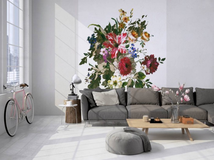 Das Design-Fotopanel Blumen-Bouquet weiß von Joop tapeziert in einem Loft. Bestelle die Bildtapete für Deine Wand online.