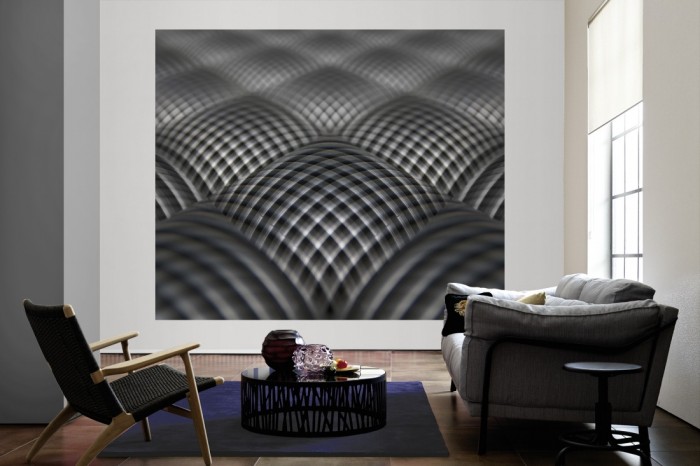 Die Design-Fototapete 3D-Geometrie schwarz-weiße Rauten als große Bildtapete im Wohnzimmer. Als Bildtapete ist die Design-Fototapete 3D-Geometrie schwarz-weiße Rauten ein besonderes Highlight auf Vliestapete.