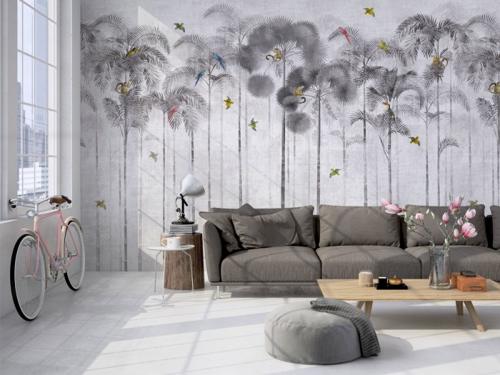 Die graue Dschungeltapete Animal Palms Wallpaper als Wohnzimmertapete.