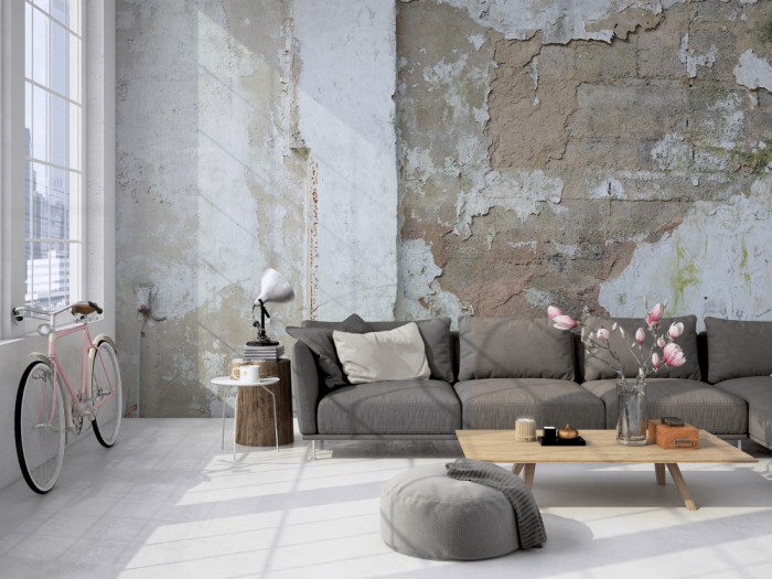 Die Fototapete Vintage Wand, alte Fassade auf einer großen Wand im Loft tapeziert. Die Fototapete Vintage Wand, alte Fassade wird individuell auf Deine Wand angepasst.