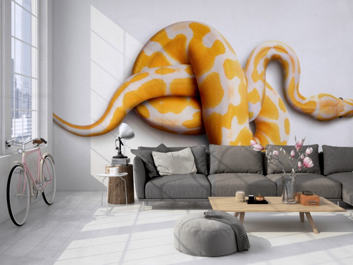 Die Fototapete Schlange Albino-Python, Fotografie by Mark Laita auf einer großen Wand im Loft tapeziert. Die Fototapete Schlange Albino-Python, Fotografie by Mark Laita wird individuell auf Deine Wand angepasst.