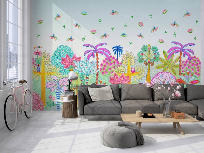 Die Fototapete Paradis, Oilily Kids auf einer großen Wand im Loft tapeziert. Die Fototapete Paradis, Oilily Kids wird individuell auf Deine Wand angepasst.