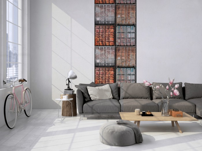 Das 3D-Fotopanel Alte Container tapeziert in einem Loft. Bestelle die Bildtapete für Deine Wand online.