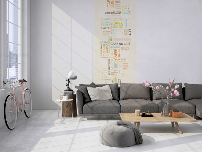 Das Design-Fotopanel Besteck in Weiß, Artwork tapeziert in einem Loft. Bestelle die Bildtapete für Deine Wand online.