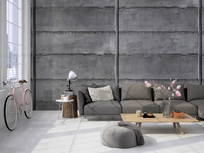 Die Fototapete Beton Wand, Betonplatten auf einer großen Wand im Loft tapeziert. Die Fototapete Beton Wand, Betonplatten wird individuell auf Deine Wand angepasst.