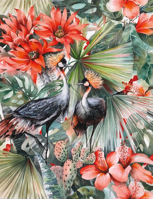 Das Design-Fotopanel Kraniche in Blüten und Blättern bunt einfach online bestellen. Die Designertapete von Private Walls ist in zwei Farbkombinationen erhältlich.