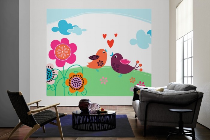 Die Design-Fototapete Vögel auf der Blumenwiese, Artwork für Kinder als große Bildtapete im Wohnzimmer. Als Bildtapete ist die Design-Fototapete Vögel auf der Blumenwiese, Artwork für Kinder ein besonderes Highlight auf Vliestapete.