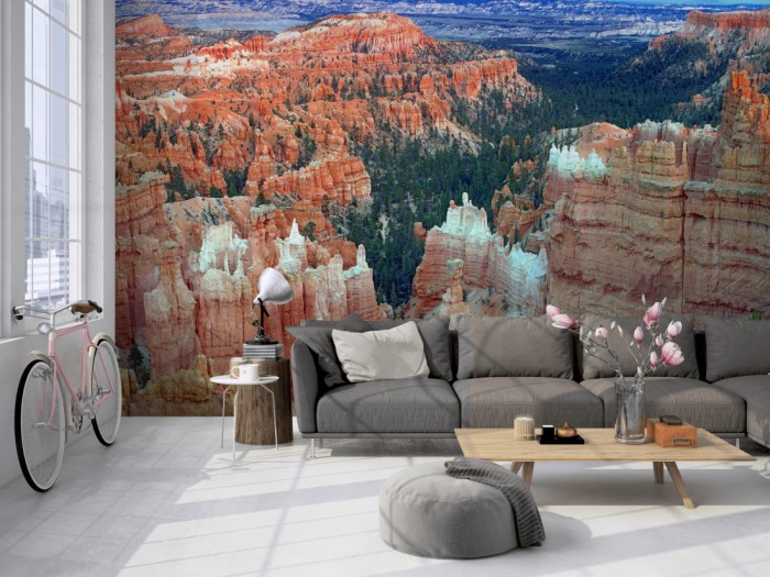 Die Fototapete Bryce-Canyon in Utah, USA auf einer großen Wand im Loft tapeziert. Die Fototapete Bryce-Canyon in Utah, USA wird individuell auf Deine Wand angepasst.