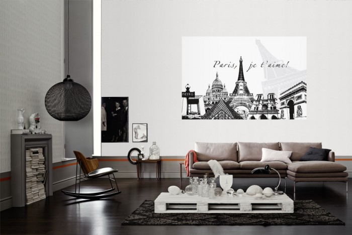 Die Design-Fototapete Paris Frankreich, Artwork als Wandbild im Wohnzimmer. Die Vlies-Design-Fototapete Paris Frankreich, Artwork verschönert als Wandbild Deine Wand.
