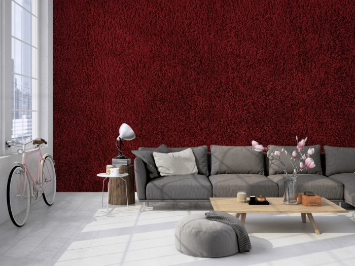 Die Fototapete Roter Teppich auf einer großen Wand im Loft tapeziert. Die Fototapete Roter Teppich wird individuell auf Deine Wand angepasst.