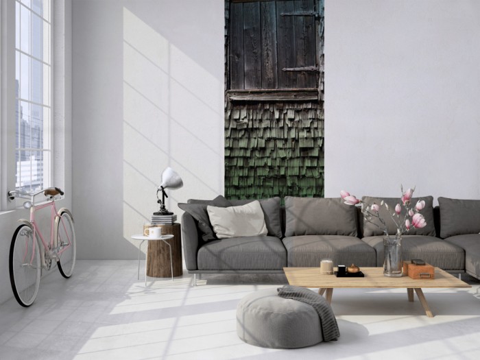 Das 3D-Fotopanel Alte Scheune aus Holz, Vintage tapeziert in einem Loft. Bestelle die Bildtapete für Deine Wand online.