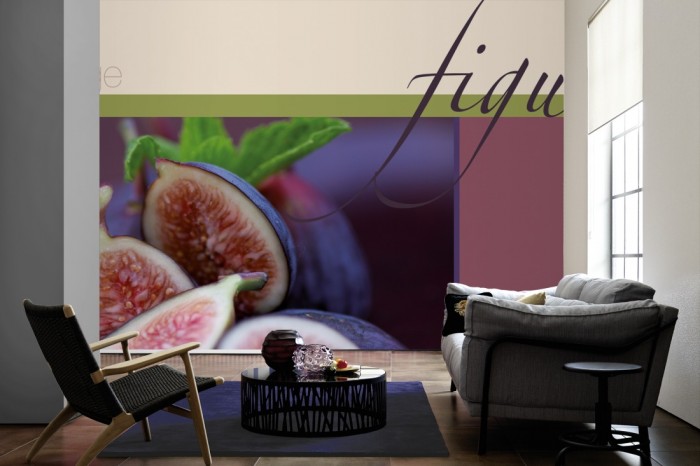 Im Wohnzimmer die Design-Fototapete Feigen, Artwork auf einer großen Wand tapeziert. Die Design-Fototapete Feigen, Artwork ist als Vlies-Fototapete im Wohnzimmer leicht zu tapezieren.