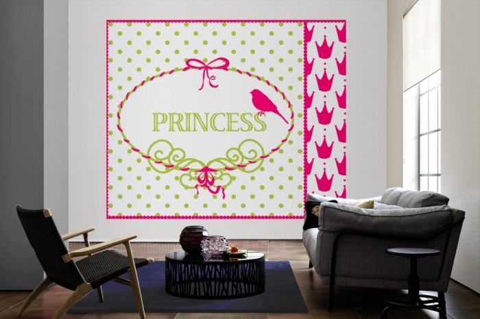 Die Fototapete Princess, Patchwork-Design als große Bildtapete im Wohnzimmer. Als Bildtapete ist die Fototapete Princess, Patchwork-Design ein besonderes Highlight auf Vliestapete.