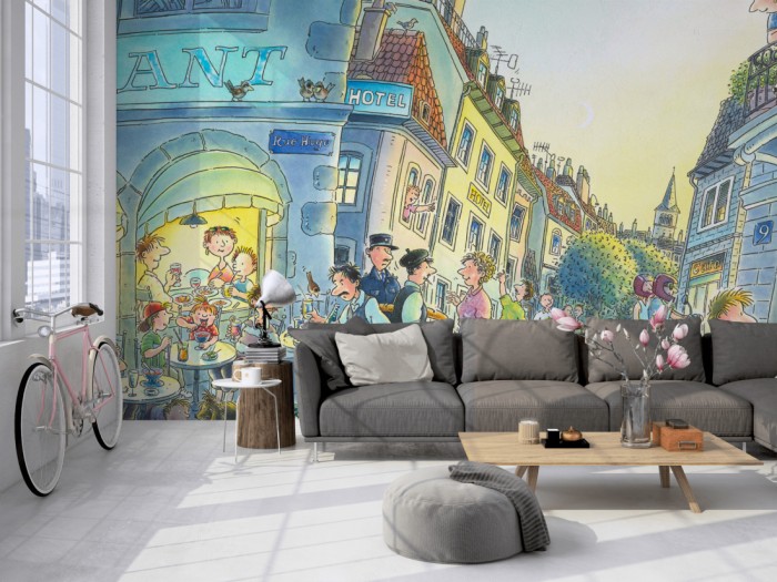 Die Fototapete Paris am Abend, Kindertapete auf einer großen Wand im Loft tapeziert. Die Fototapete Paris am Abend, Kindertapete wird individuell auf Deine Wand angepasst.