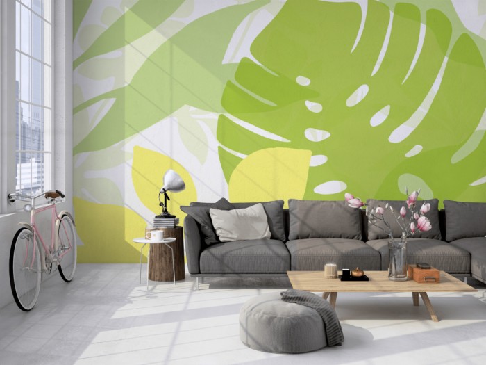 Die Design-Fototapete Blätter, Artwork auf einer großen Wand im Loft tapeziert. Die Design-Fototapete Blätter, Artwork wird individuell auf Deine Wand angepasst.