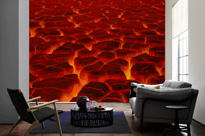 Im Wohnzimmer die Fototapete Magma im Vulkan auf einer großen Wand tapeziert. Die Fototapete Magma im Vulkan ist als Vlies-Fototapete im Wohnzimmer leicht zu tapezieren.