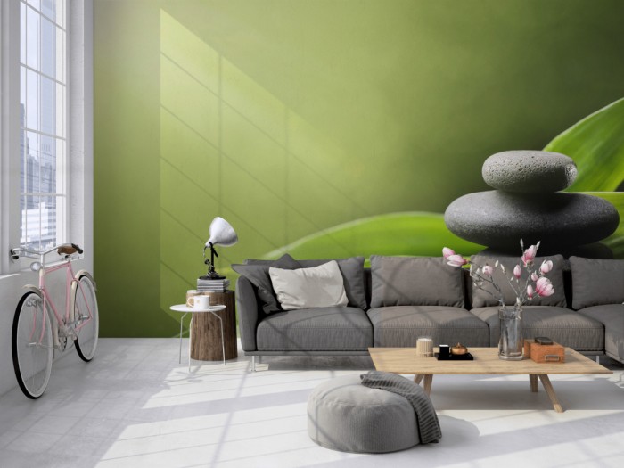Die Fototapete Wellness, Wellness-Steine mit grünen Blättern auf einer großen Wand im Loft tapeziert. Die Fototapete Wellness, Wellness-Steine mit grünen Blättern wird individuell auf Deine Wand angepasst.