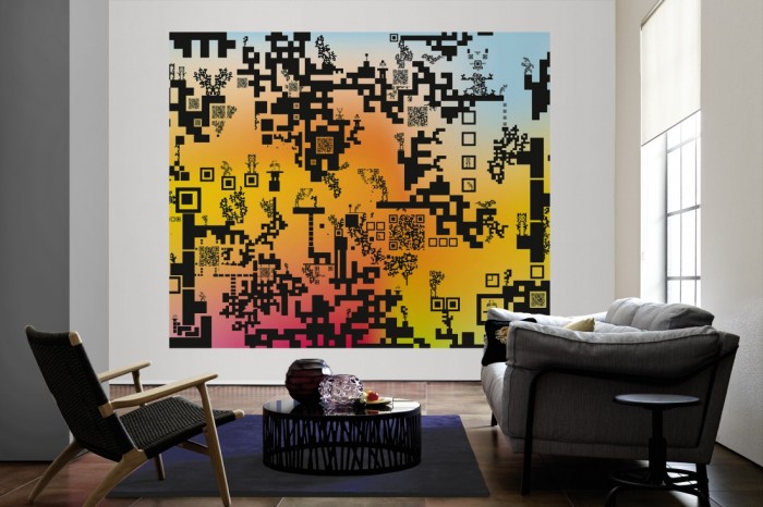 Die Design-Fototapete Geometrie QR-Codes als große Bildtapete im Wohnzimmer. Als Bildtapete ist die Design-Fototapete Geometrie QR-Codes ein besonderes Highlight auf Vliestapete.