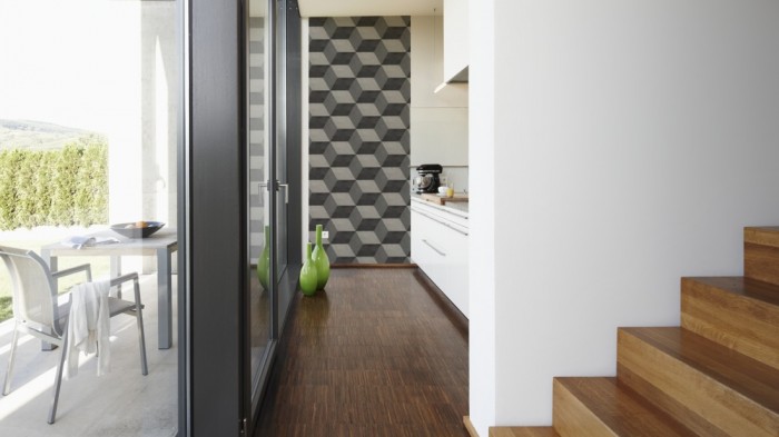 Ein Foto von dem 3D-Design-Fotopanel Würfel in Grau, Artwork tapeziert in der Küche. Bestelle Deine Bildtapete online.