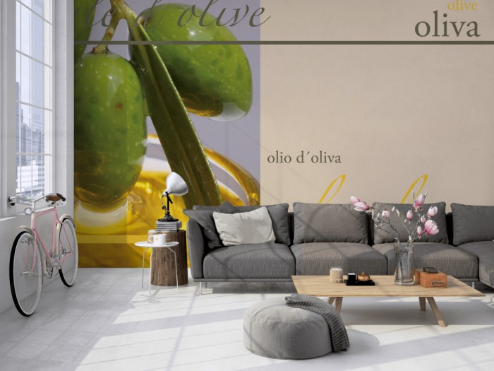 Die Design-Fototapete Oliven und Öl, Artwork auf einer großen Wand im Loft tapeziert. Die Design-Fototapete Oliven und Öl, Artwork wird individuell auf Deine Wand angepasst.