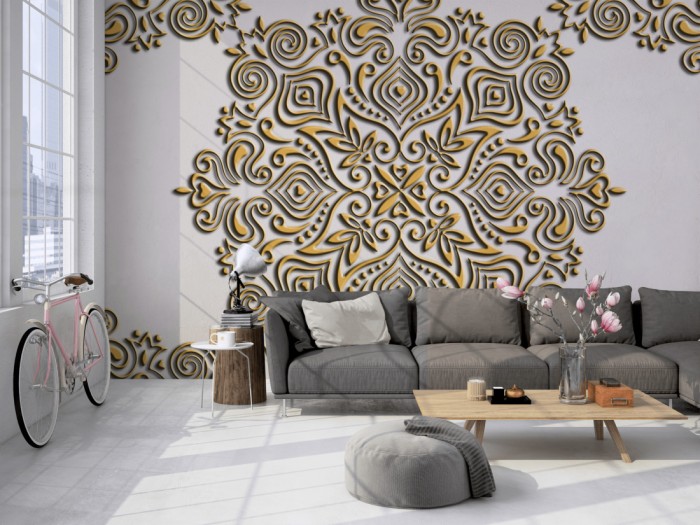 Die Designtapete Barock Ornament, Modern 3D auf einer großen Wand im Loft tapeziert. Die Designtapete Barock Ornament, Modern 3D wird individuell auf Deine Wand angepasst.