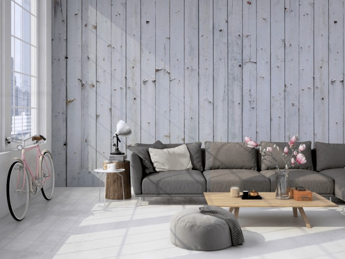 Die Fototapete Holz Wand, weiße Bretter auf einer großen Wand im Loft tapeziert. Die Fototapete Holz Wand, weiße Bretter wird individuell auf Deine Wand angepasst.
