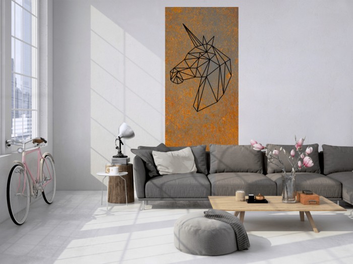 Das Design-Fotopanel Einhorn Design auf Rost, Kopf tapeziert in einem Loft. Bestelle die Bildtapete für Deine Wand online.