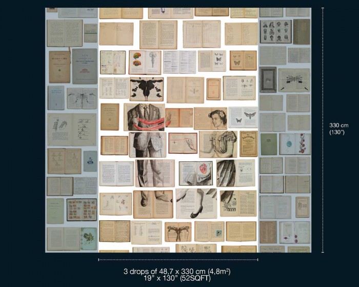 Abmessungen der NLXL Tapete EKA-04 Biblioteca von Ekaterina Panikanova, rechts und links ergänzt durch die passende Tapete EKA-07.