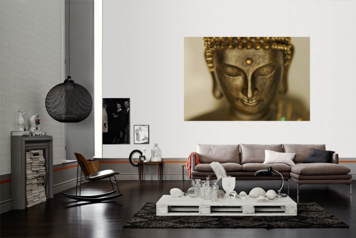 Die Fototapete Buddha, Gesicht der Buddhastatue als Wandbild im Wohnzimmer. Die Vlies-Fototapete Buddha, Gesicht der Buddhastatue verschönert als Wandbild Deine Wand.